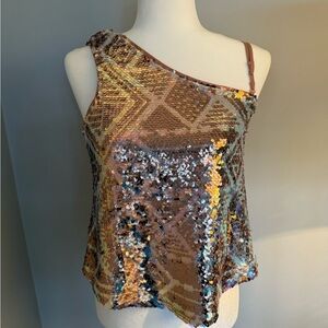 Free People Sequin Asymmetrical Camisole - Gold and Brown